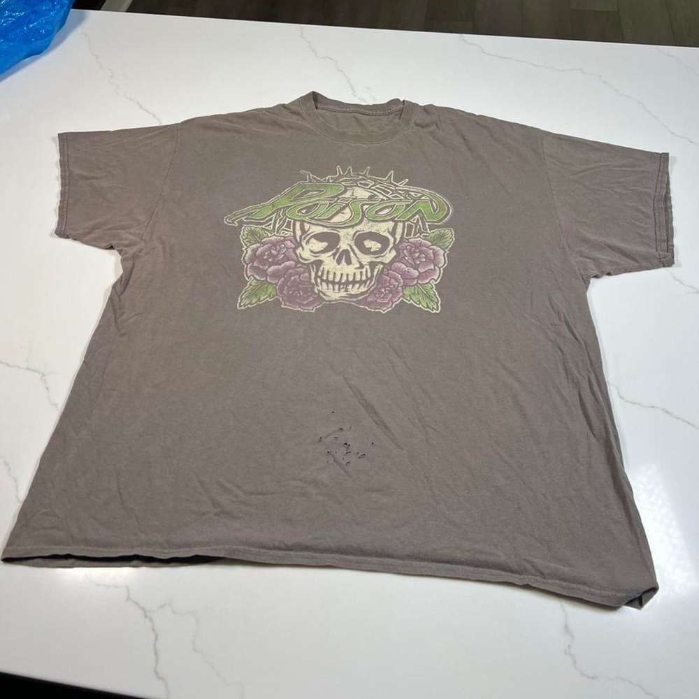 Poison Band Graphic T-Shirt Mens Brown Skull Roses Rock Tee